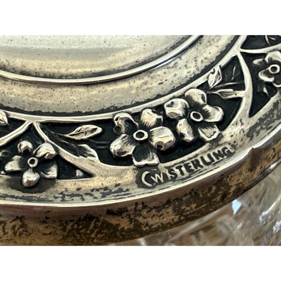 Antique 30's Vanity Jars Cut Crystal Floral Wallace Sterling Silver Tops Set 3 - Picture 2 of 16
